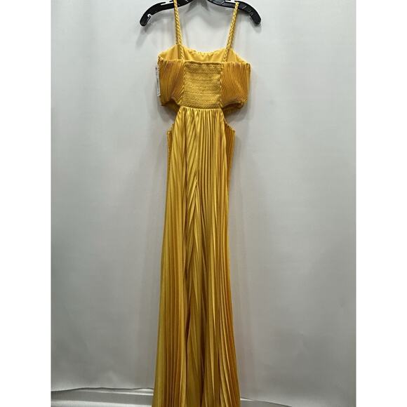 NWT Alice + Olivia Powell Yellow Pleated Wide Leg Side Cut Out Jumpsuit Size 6 - Picture 11 of 15